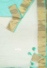 Half white with turquoise blue - Blush & Breeze – Reversible Kerala Mul Cotton Saree